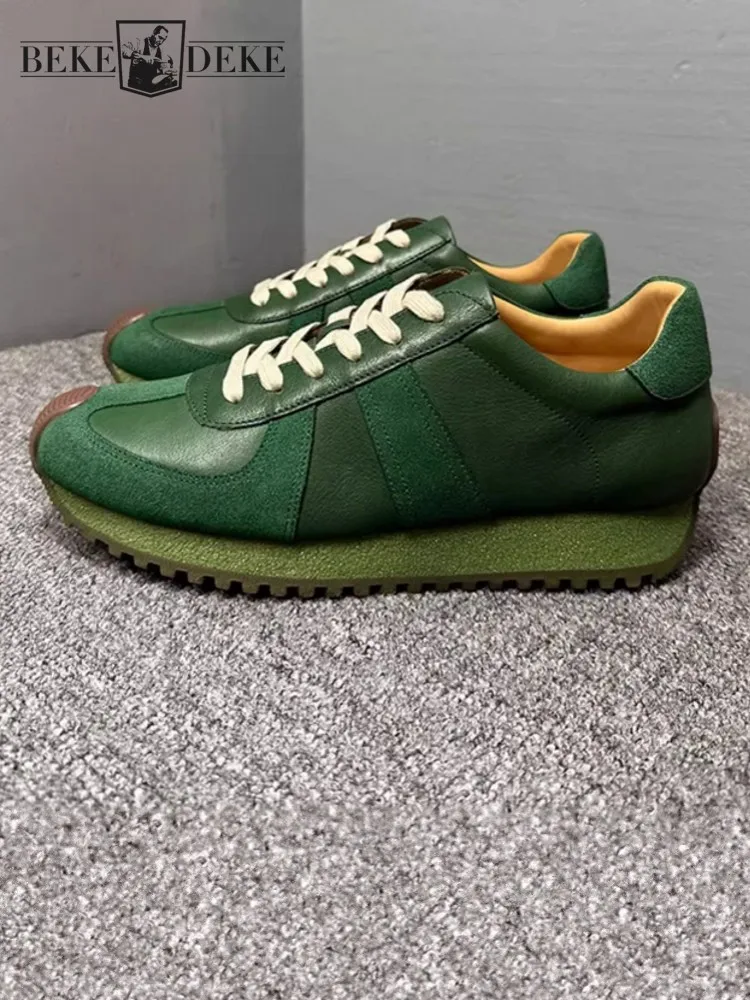 

Мужские зеленые туфли из натуральной кожи, шикарные повседневные новые кроссовки на платформе в стиле ретро, нескользящие кроссовки ручной работы на шнуровке высокого качества с круглым носком