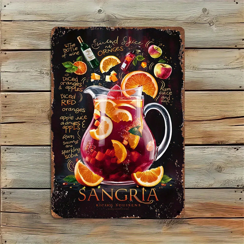 Letrero artístico de pared de aluminio y metal con receta de Sangria vintage, decoración rústica de cocina con ilustraciones de frutas coloridas