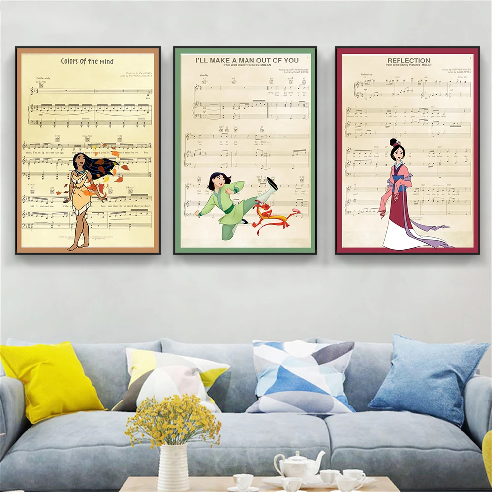 Mulan Movie Poster Vintage Disney Classic Princess Poster Pocahontas Cartoon Print Kids Bedroom Nursery Canvas Painting Decor