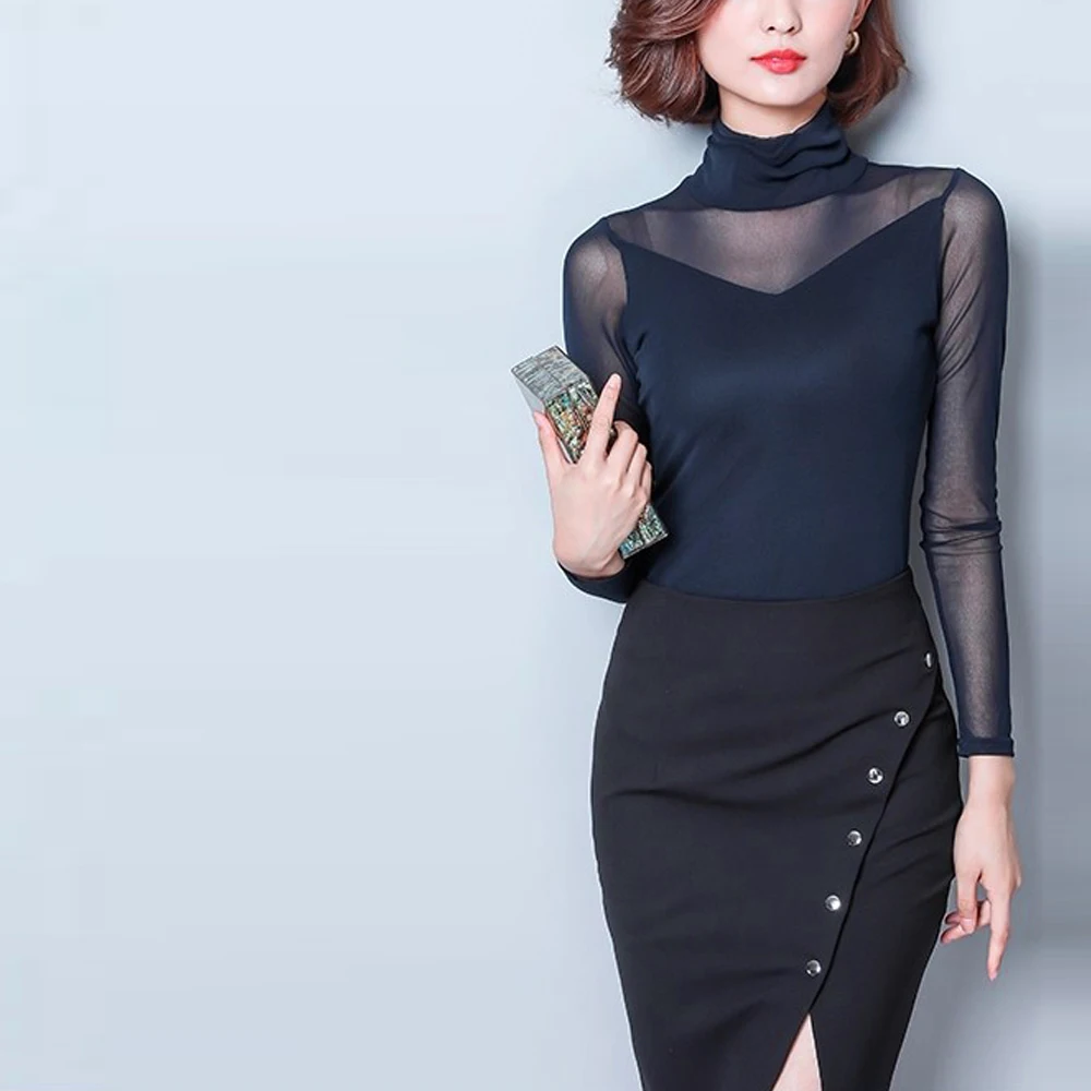 

Sexy White Blue Red Green See Through Mesh T Shirt Women Turtleneck Long Sleeve Tees Girl Sheer Slim Stretch Shirts Tops Clothes