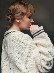 Folklore Cardigan with Star Embroidery Button Up Oversized Knit Jacket Cardigan Sweater Women Teenage Girls TS Concert Outfit