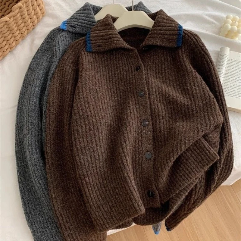 الشتاء موضة جديدة المرأة الكورية الراقية أنيقة سترة مشغولة من الصوف الدافئة فضفاضة سميكة الكشمير طوق سترة بأكمام طويلة #4