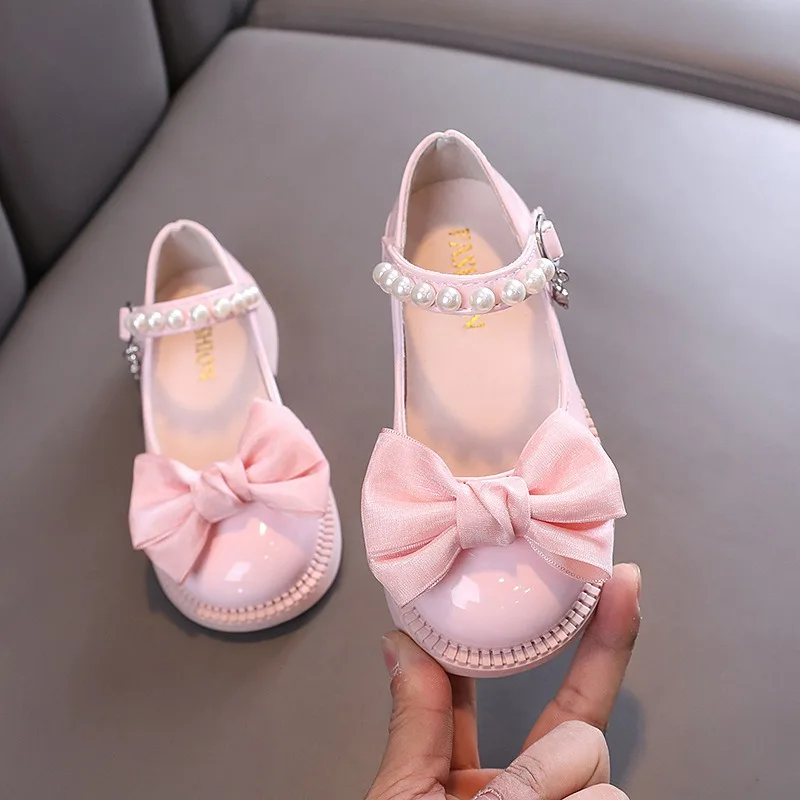 Spring Autumn Girls Pearl Butterfly Bow Platform Princess Shoe Children Soft Sole Buckle Party Stage Shoe Kid School Casual Shoe