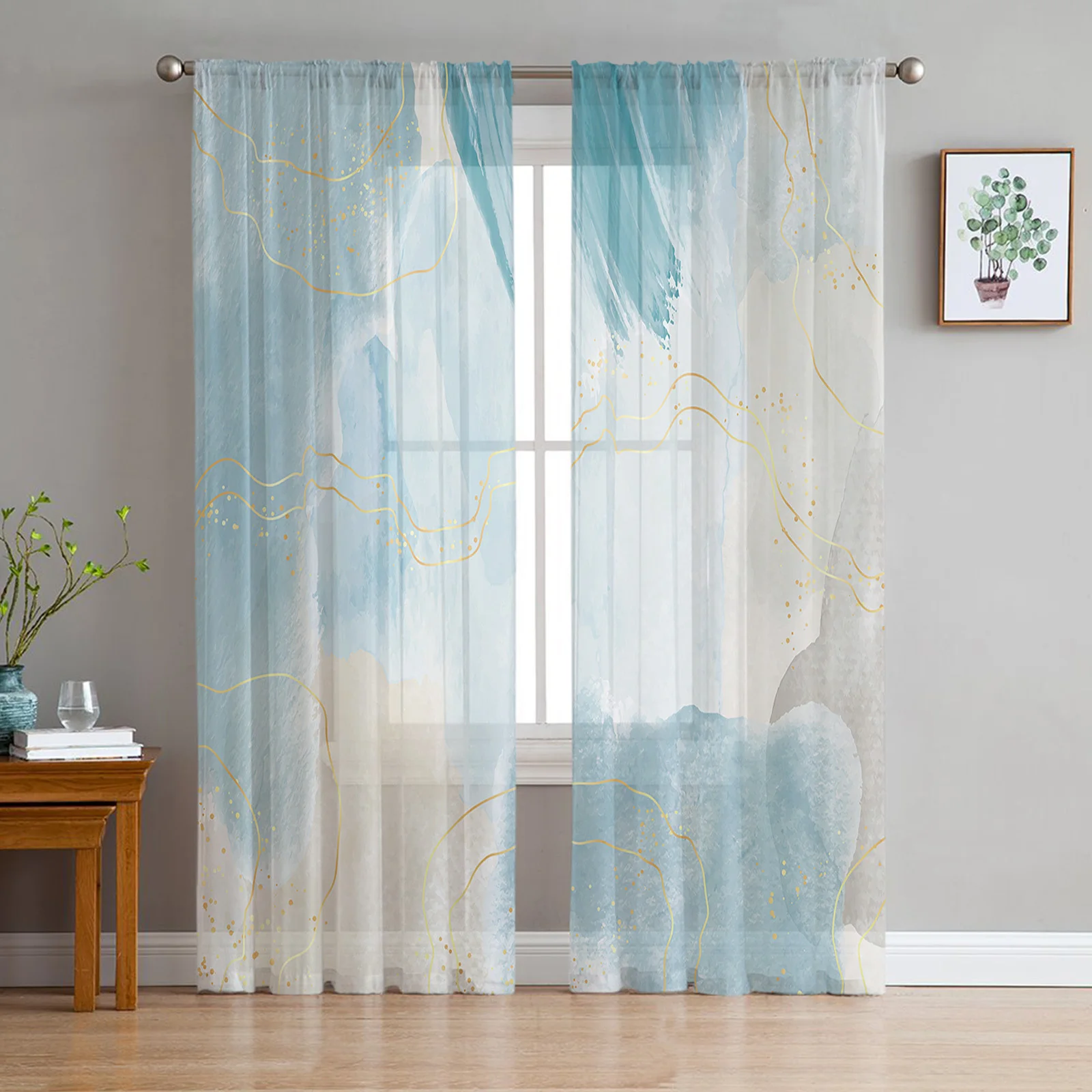 Marble Line Gold Gradient Overlap Blue Bedroom Transparent Sheer Curtains Holiday Decoration Window Voile Tulle Curtain