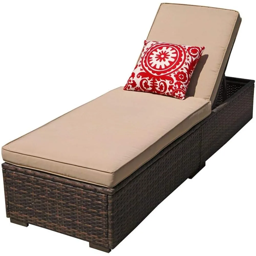 

Patio Chaise Lounge Chair, Sun Lounger, Outdoor Pool Beach Brown PE Rattan Wicker Reclining Chair W/Adjustable Backrest