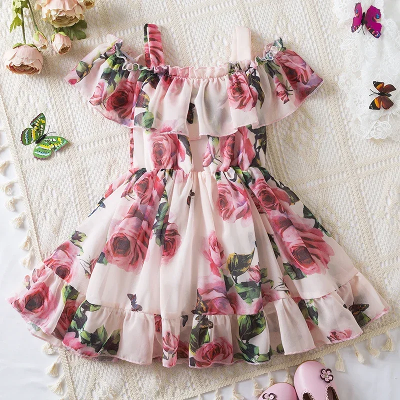 2024 New Suspend Dress for Girls Print Dress Elegant Kids Clothes Summer Birthday Clothing Tutu Children\'s Casual Wear 1-5 Years