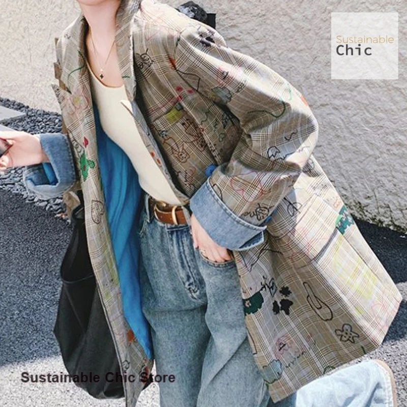 Korean style graffiti plaid print suit women's spring and autumn new fashion sense relaxed retro casual Joker wear a coat.