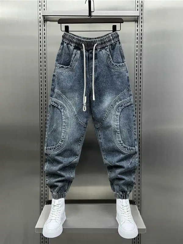 

Blue Washed Splicing Elastic Waist Casual Pants for Men Spring 2026 Denim Jeans Trendy Loose Fit Harlan Style Daily Wear