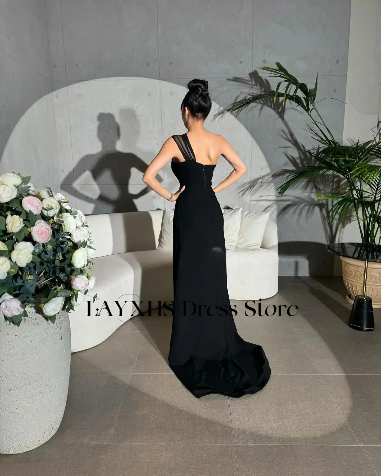 LAYXHS セクシーなブラックワンショルダーイブニングドレスマーメイドビーズフロアレングスウエディングドレスカスタマイズされた فساتين سهرة