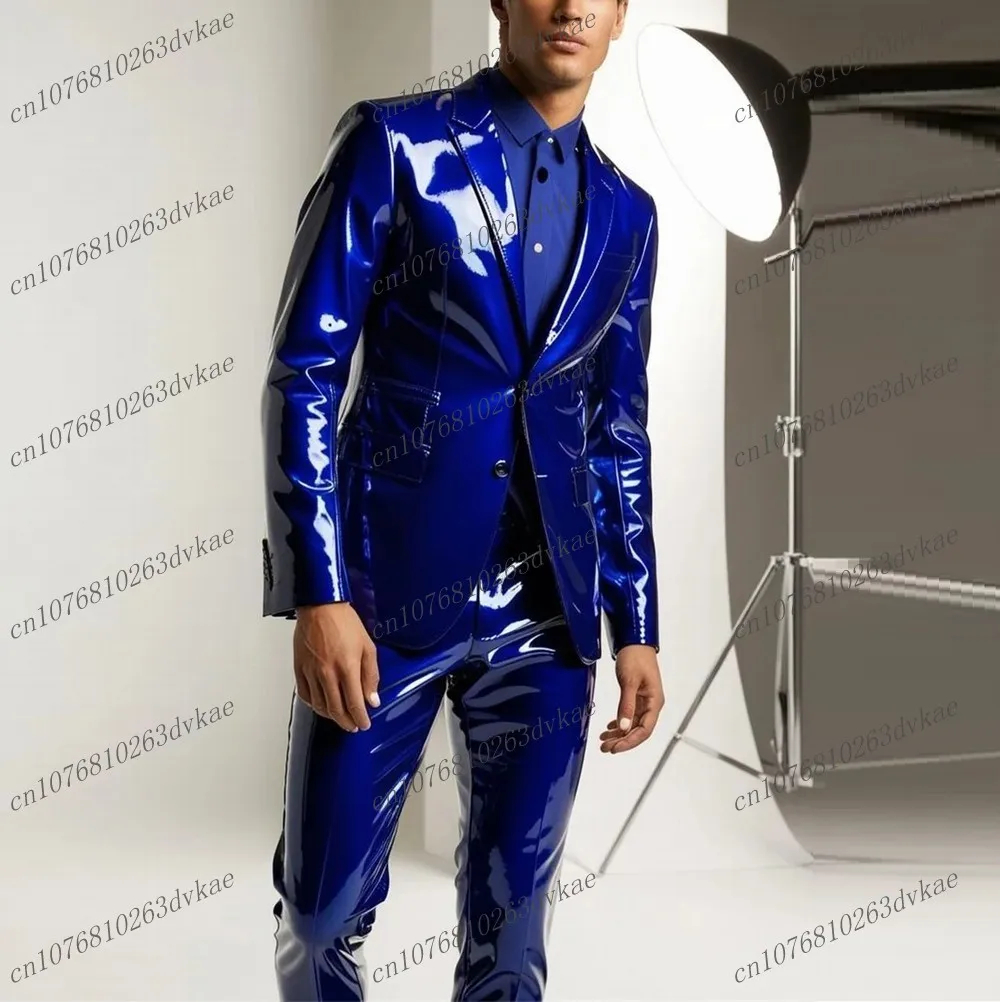 

Shiny Royal Blue PU Leather Men Suit Formal Occasion Groom Wedding Party Prom Male Business Tuxedos 2 Piece Set Blazer Pants