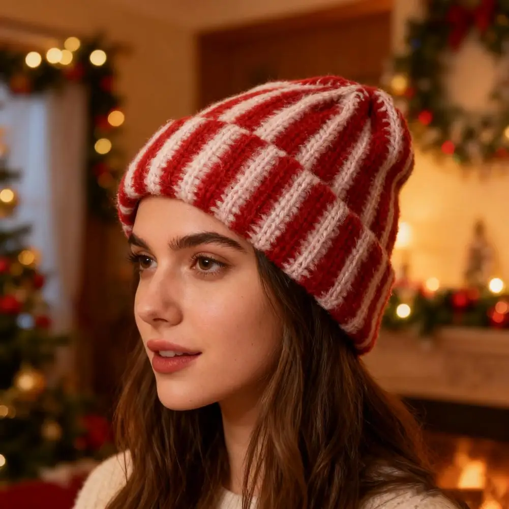 Полосатая вязаная шапка Женская вязаная шапка Красочная полосатая зимняя вязаная шапка для активного отдыха Мягкий на ощупь пуловер без полей для погоды