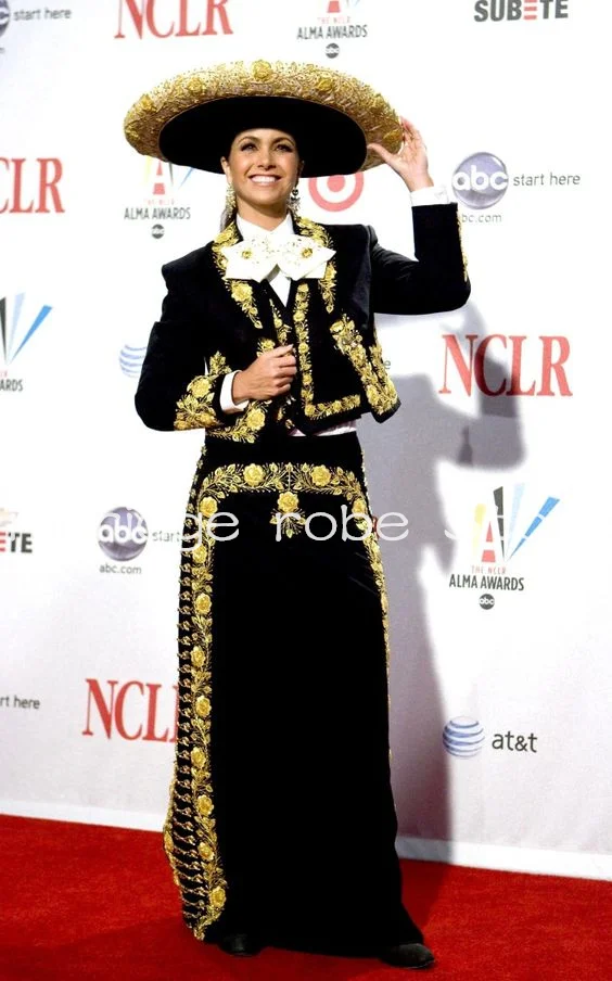 أسود ثلاث قطع Charro الزي حفلة موسيقية فساتين مناسبة طويلة الأكمام سترة زين المكسيك Mariachi ثوب مسائي مخصص