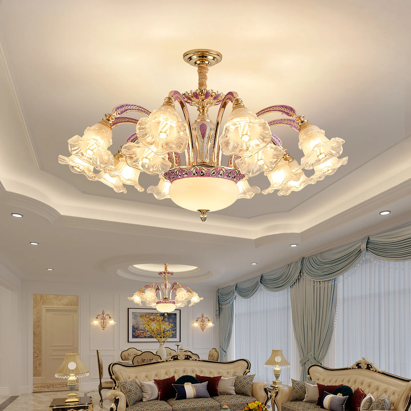 Duplex Building Glass Chandeliers Villa Middle Living Room Zinc alloy Chandelier Luxury Hotel Banquet Hall Light Fixtures