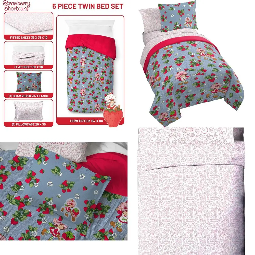 

Strawberry Shortcake 5-Piece Twin Bedding Set with Sheets and Pillowcases for Kids' Cozy Sleep and Stylish Decor