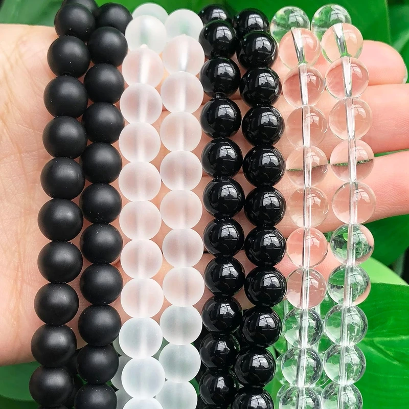 Natural Matte Black White Crystal Round Glass Beads For DIY Bracelet Jewelry Making 15'' Handmade Accessories 4 6 8 10 12mm