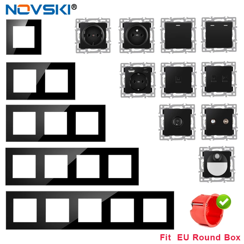 Novski multi frame black tempered glass panel, EU FR UN socket and switch dimmer foot light Rj45 RJ11 satellite TV module DIY