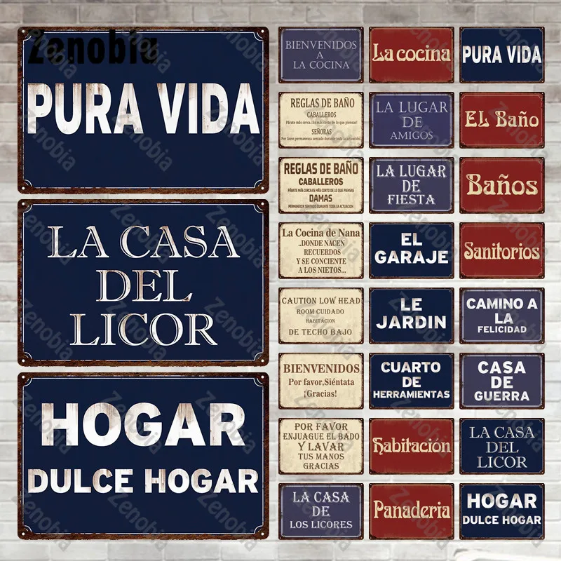 Classic Text Phrase Metal Signs Pura Vida Spanish Tin Signs Metal Poster La Casa Del Licor Tin Plate Simple Vintage Plaque Gift