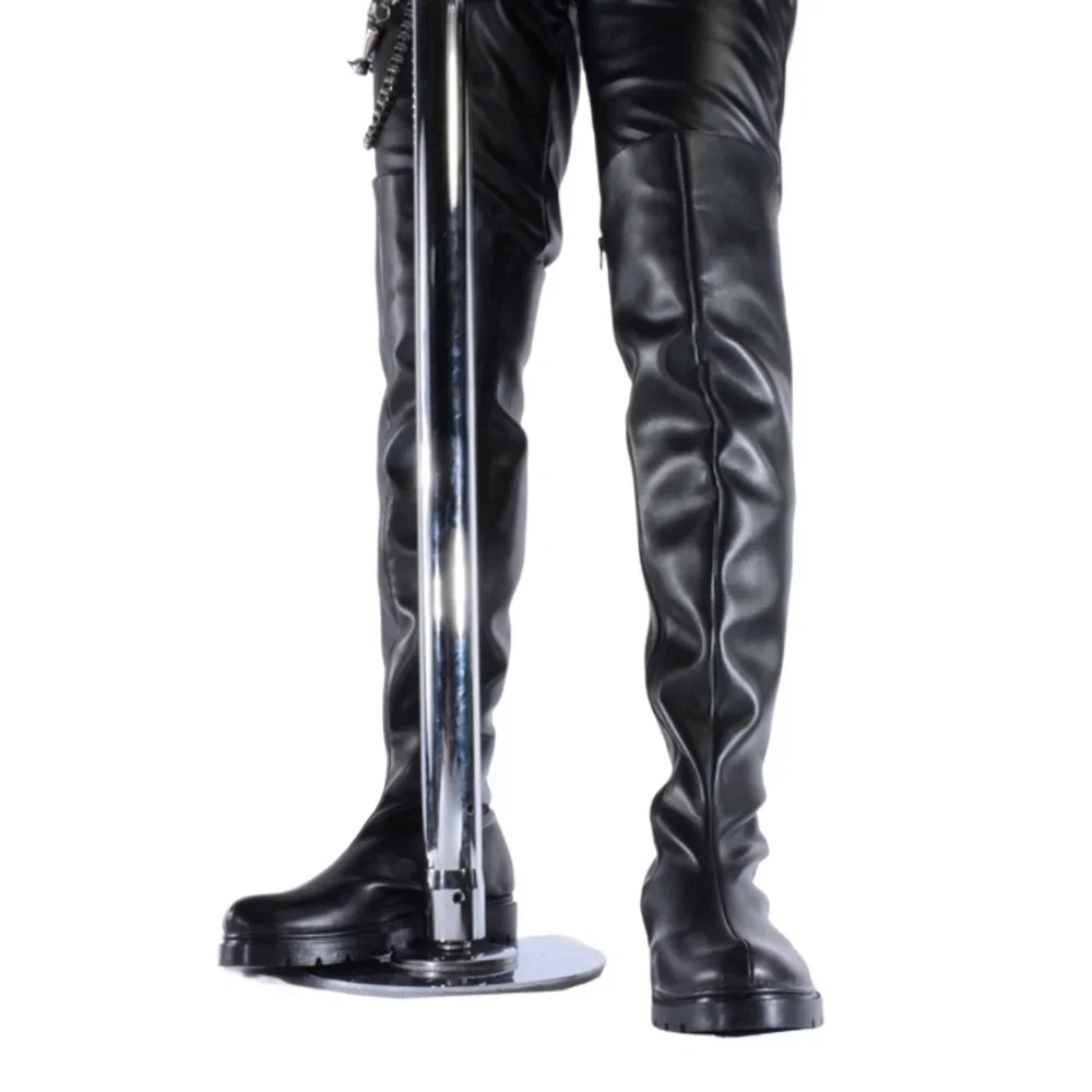 أحذية رجالية جلدية فوق الركبة أحذية شتوية أنابيب الصلب أداء الأحذية ، جولة تو سميكة وحيد أحذية ركوب الخيل أحذية رعاة البقر الغربية الانزلاق على