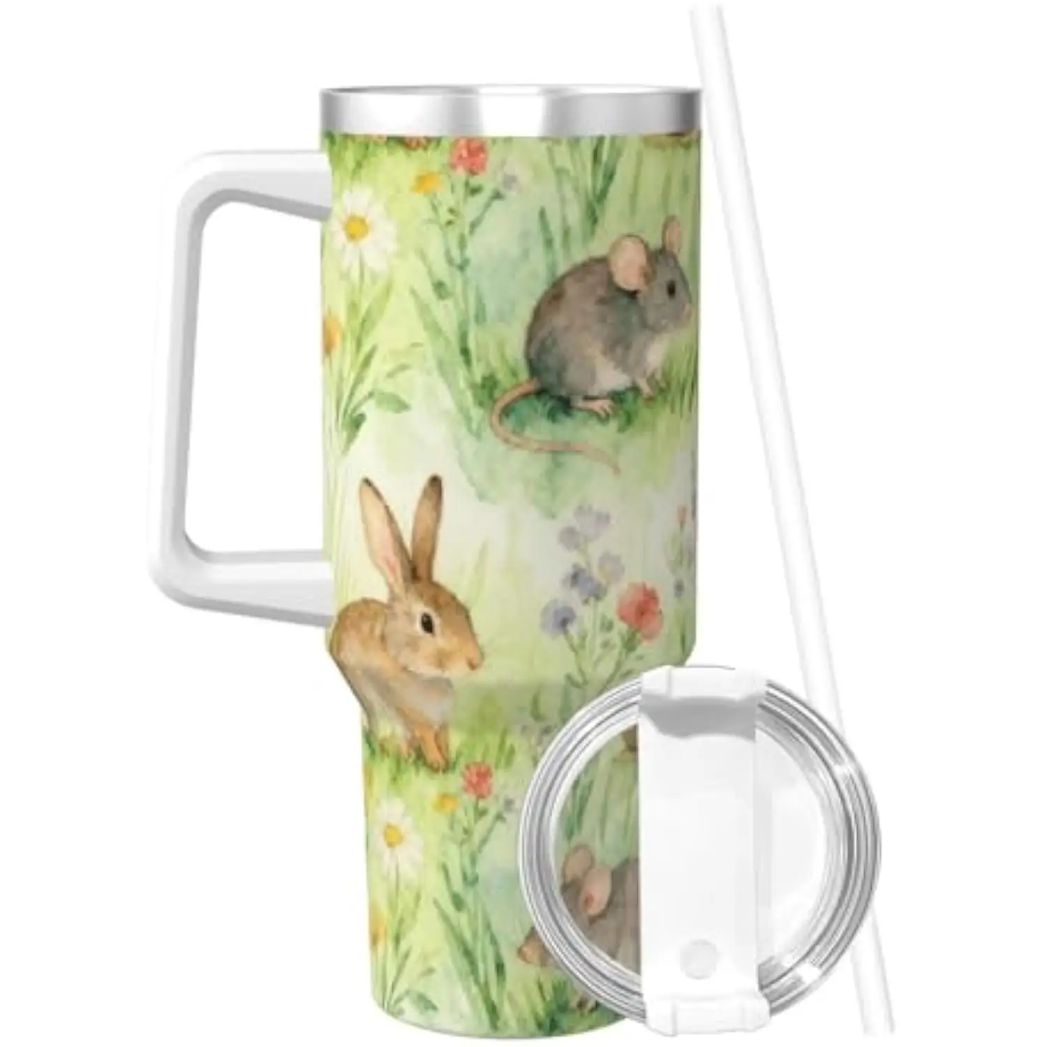 Watercolor Forest Animals Rabbit Mouse Hedgehog Tumbler 40oz Stainless Steel Travel Mug with Handle and Straw view 2
