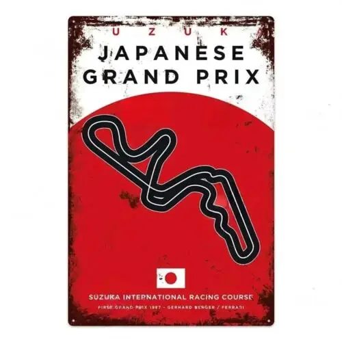 Letrero de metal de estaño del Gran Premio de Japón del Circuito Internacional de Suzuka, arte de 1987
