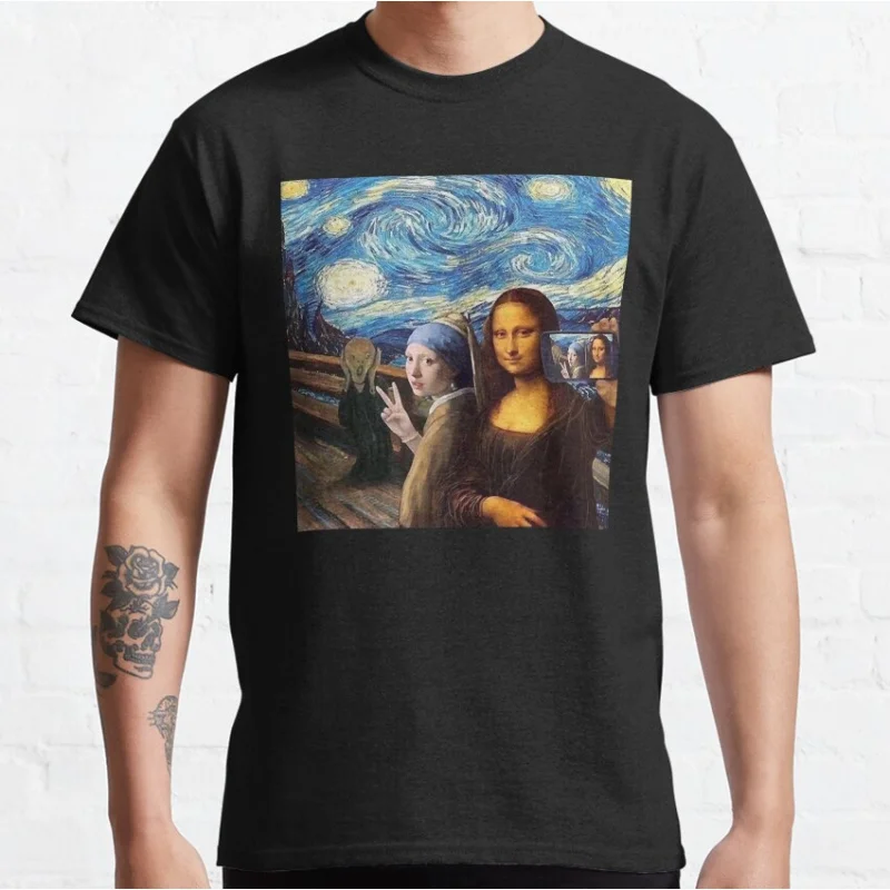 

Scream and Selfie of Four classical paintings mash up - Mona Lisa, Girl with a Pearl Earring T shirt for men Large size Tops
