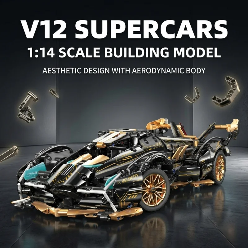 

Black V12 Block Roadster RC Tech Racer 1:14DIY Roadster building block assembly Block car toy birthday gift