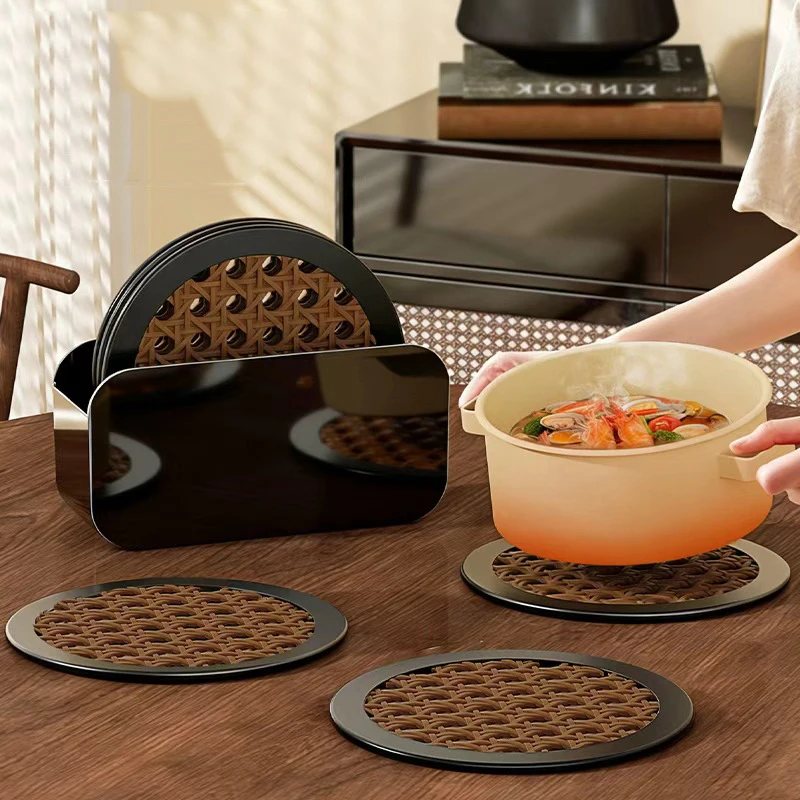 

HeMu Trendy Modern Foldable Silicone Trivet Coaster Set,Woven-style Heat-resistant Mats with Storage Box,Easy-clean & Reusable