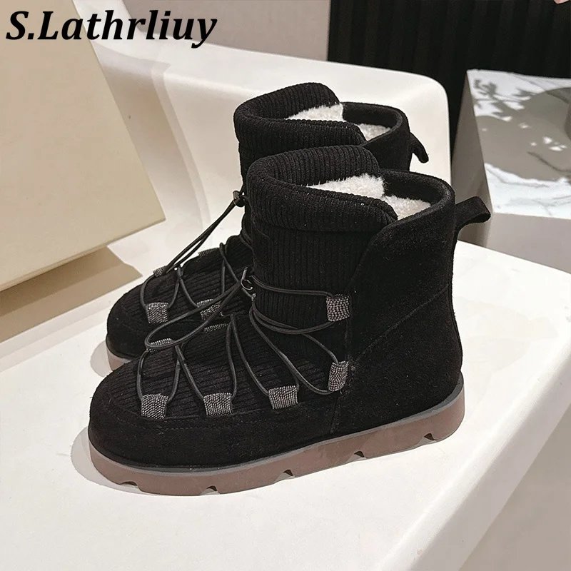 Flat Thick Soled Warm Snow Boots Women Cross Tied String Beaded Decor Round Toe Short Boots Winter Anti Slip Wool Lining Boots