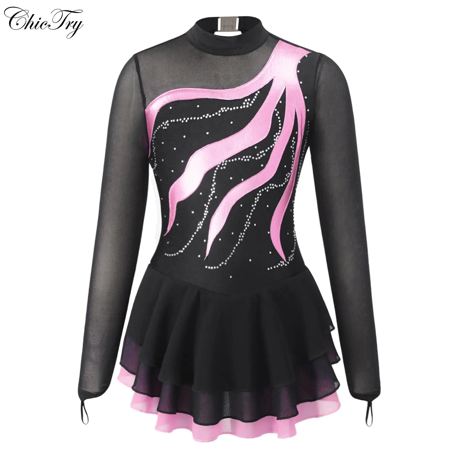 أطفال بنات الشكل التزلج على الجليد فستان راقصة الباليه ازياء طويلة الأكمام حجر الراين المرقعة نمط الجوف الظهر فستان رقص الباليه