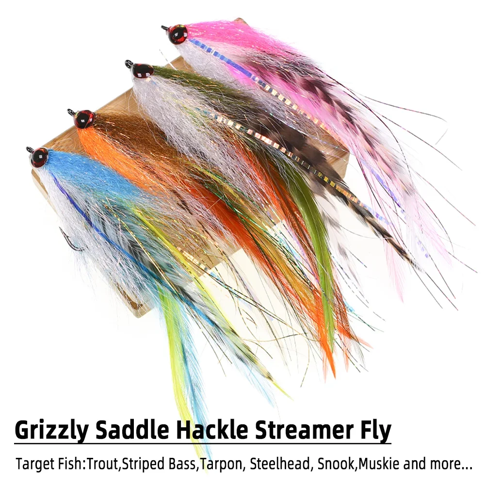 Wifreo 1pc/4pcs #2/0 Epoxy 3D Fish Eye Big Game Streamer Fly Grizzly Saddle Hackle Fly Fishing Flies Trout Muskie Fishing Lures