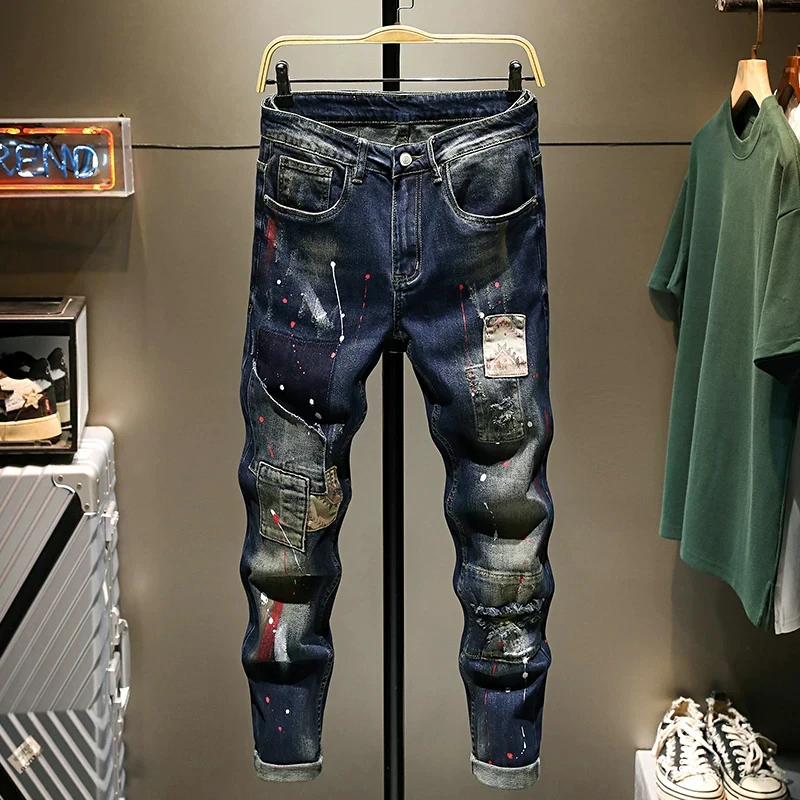 

High Street Designer Fashion Men Jeans Retro Dark Blue Stretch Slim Fit Patched Ripped Jeans Men Splashed Hip Hop Denim Pants