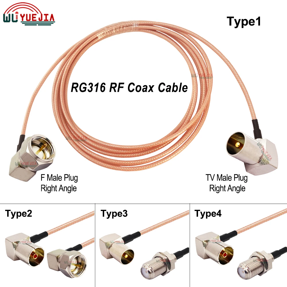 

0.1-20 Meters F TV Type RG316 RF Cable F Male Plug to TV Male Plug Right Angle Connector RG-316 Antenna Extension Jumper Pigtail