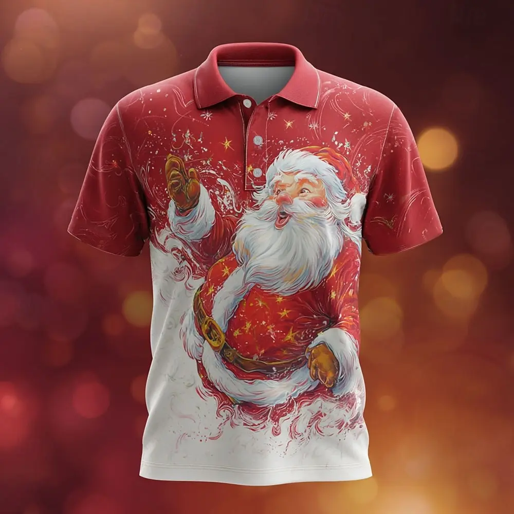Christmas Men's Santa Claus Print Polo Shirts Lapel Design Short Sleeve Casual Wear Summer Holiday Festival party Men's clothing