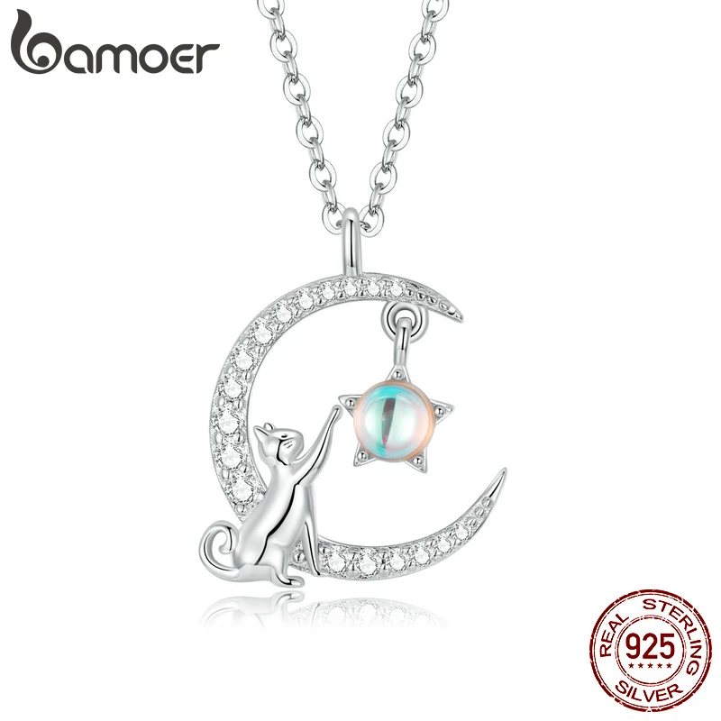 BAMOER New Arrival Genuine 925 Sterling Silver Cat Moon Cute Animal Pendant Necklaces Women Silver Jewelry Gift SCN486