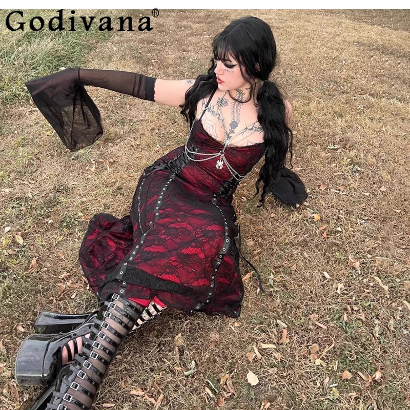 Abito con cinturino a doppio strato in pizzo stile gotico Abito da donna stile punk rosso e nero Abito lungo sexy Lolita estivo femminile