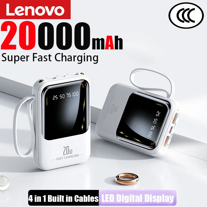 

Внешний аккумулятор Lenovo Mini 20000 мАч, 20 Вт, супербыстрая зарядка, 4 в 1, со встроенными кабелями, для iPhone, Samsung, Huawei, новинка 2026 года