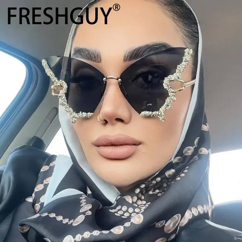 FRESHGUY Butterfly Frameless Diamond Studded Sunglasses 2024 New Sunglasses For Women Fashionable And Exaggerated Personality