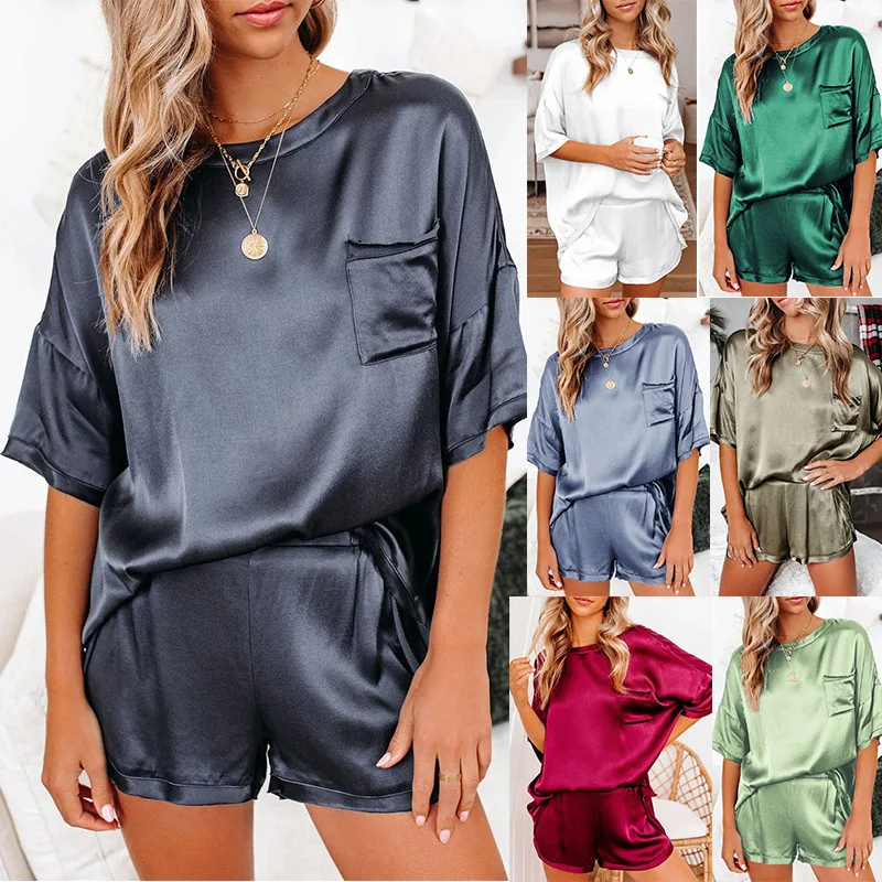 

new solid color imitation silk pajamas home wear short sleeve shorts irregular comfortable two-piece holiday gift