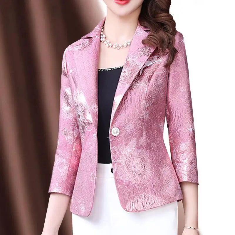 2023 Thin Women\'s Clothing Casual Notched Blazers Printing Spring Summer Three Quarter Sleeve Button Loose Korean Intellectual