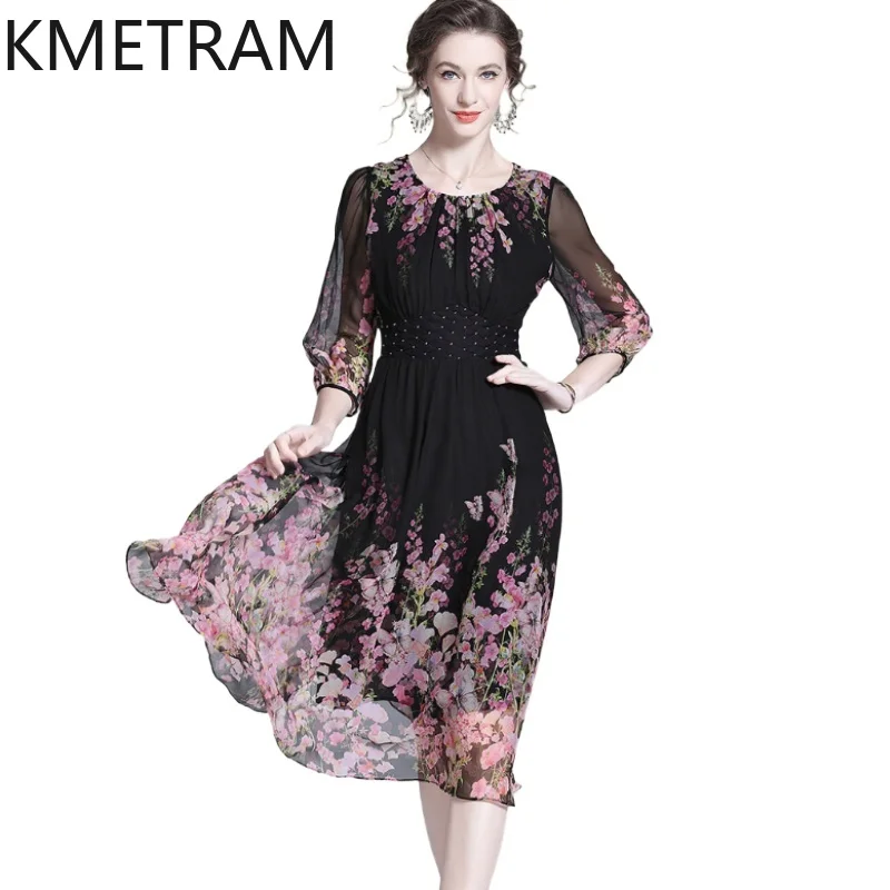 

KMETRAM 100% Mulberry Silk Dress Printed Black Long Dresses Women High Quality Summer Birthday Dress Woman Clothes 2026 Vestidos