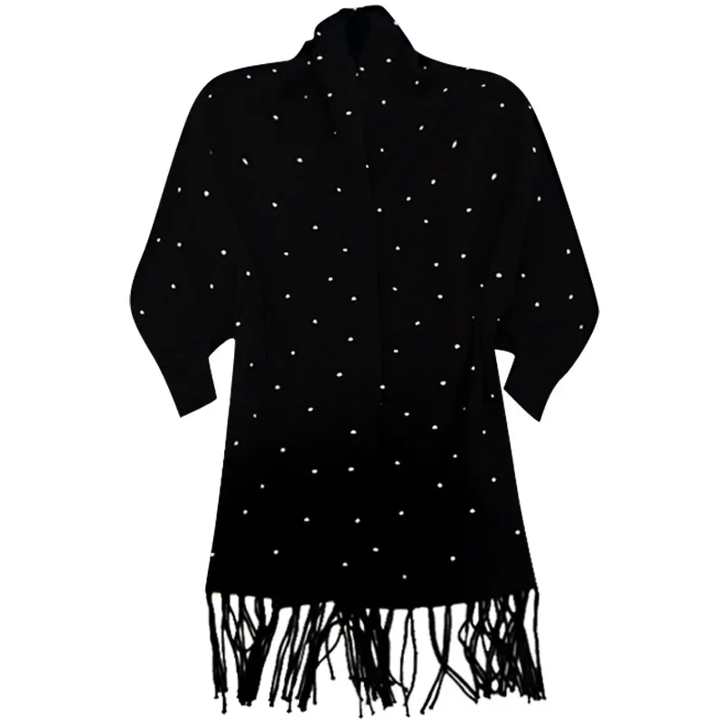 Black Winter Beading Diamond Knitted Cardigan Poncho Cloak Women Autumn Batwing Sleeves Cape Outside Shinny Crystal Knitwear