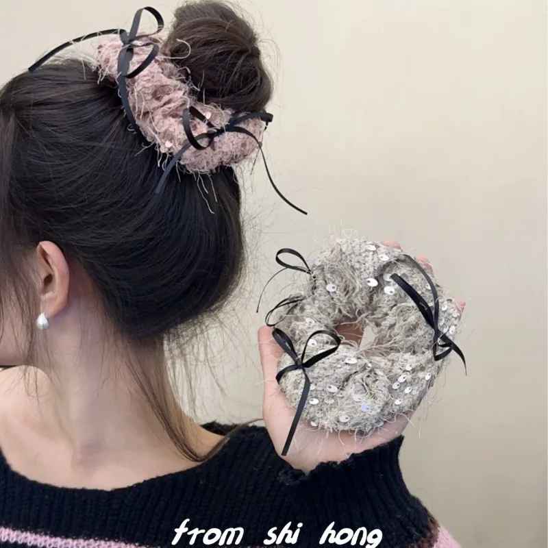 

Ballet Girl~ Temperament Small Fragrant Style Sequins Ribbon Bow Large Intestine Hair Band Fashion Versatile Ball Head Hair Rope