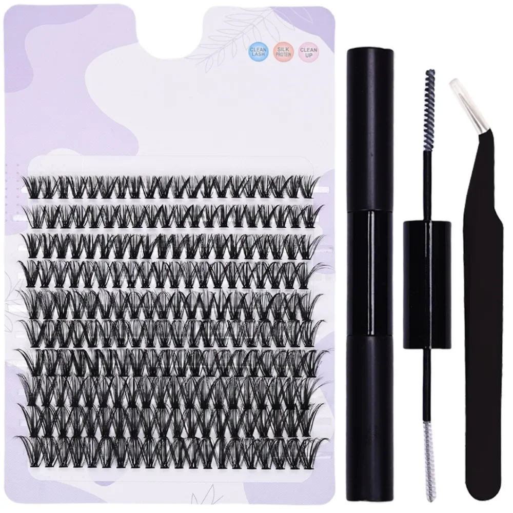 False Eyelashes DIY Lash Extension Kit with 200pcs Lash Clusters and Tweezers Eyelash Adhesive and Sealant and Eyelash Tweezers