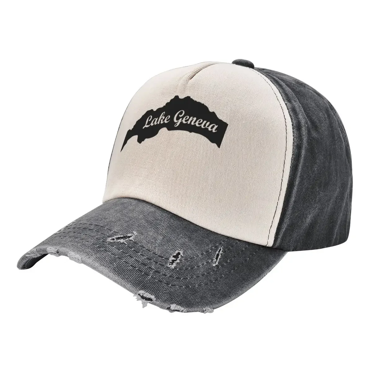 

Outline of Lake Geneva with english label Baseball Cap New In The Hat sun caps foam party Hat Women's Hats Men's