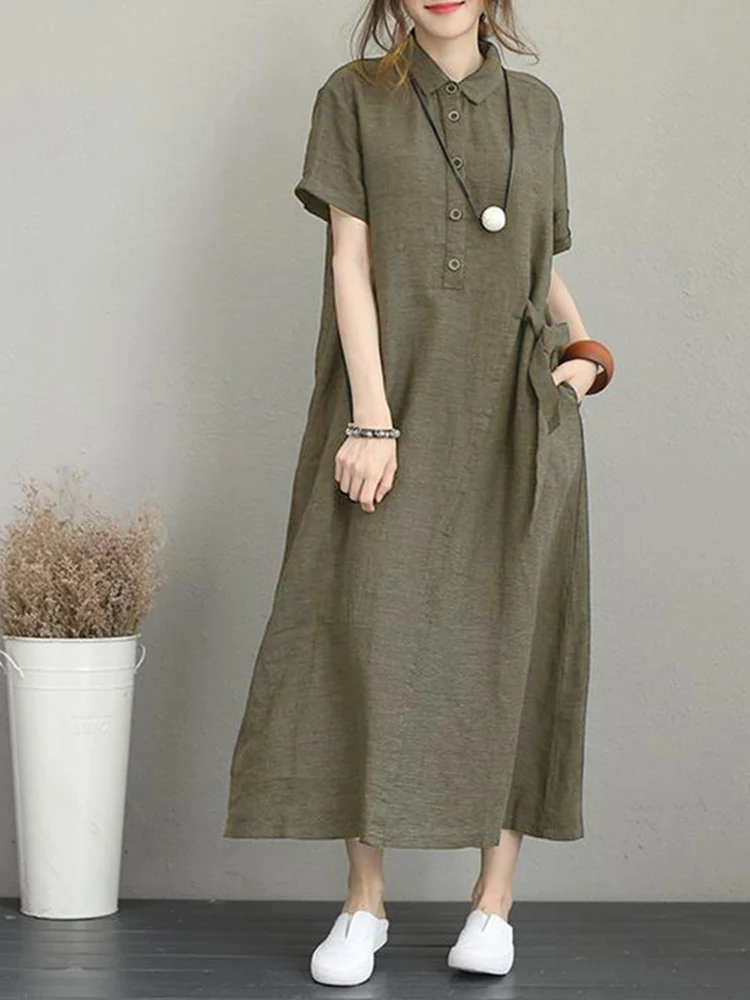 ZANZEA Vintage Summer Shirt Dress Oversize Sundress Female Button Short Sleeve Robe Women Casual Solid Maxi Vestidos Dresses