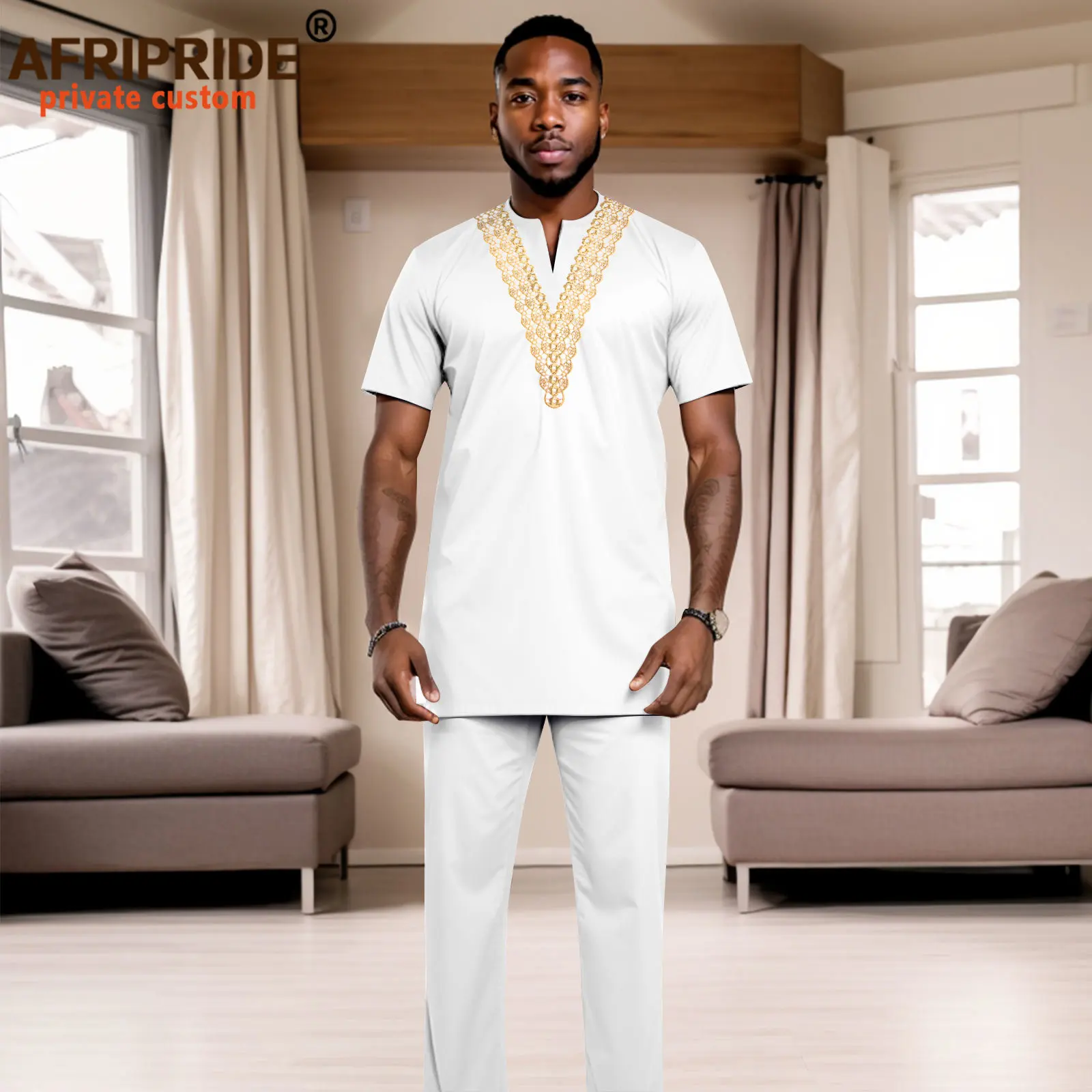 African Men Clothing Short Sleeve Embroidery Dashiki Shirts and Pants Set Tracksuit Pocket Outfit Plus Size Formal Wear A2416003