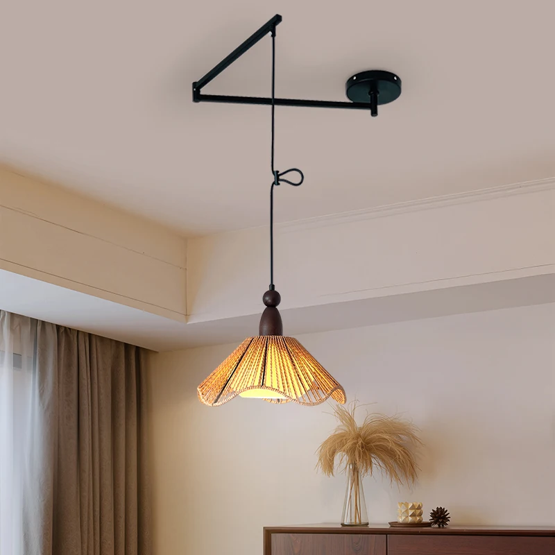 Wabi-sabi Style Hand-woven Rattan Pendant Light Movable Rocker Arm Dining Room Chandelier Lamp Glass Sconce LED E27 Hanging Lamp