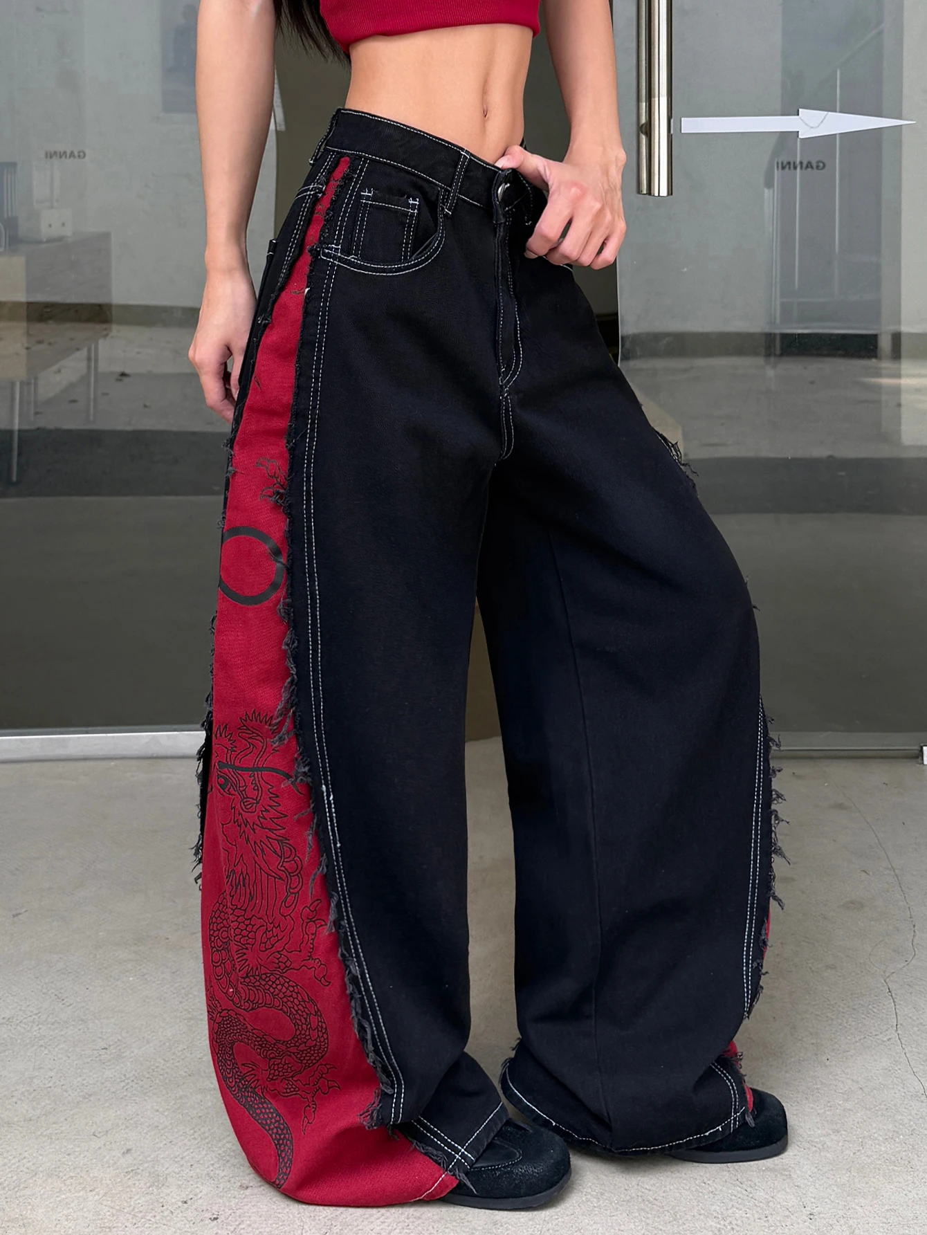 Women Autumn Mid‑Waist Wide‑Leg Y2K Jeans Contrast Frayed Dragon Print Wear‑Resistant Denim For Daily Casual Wear