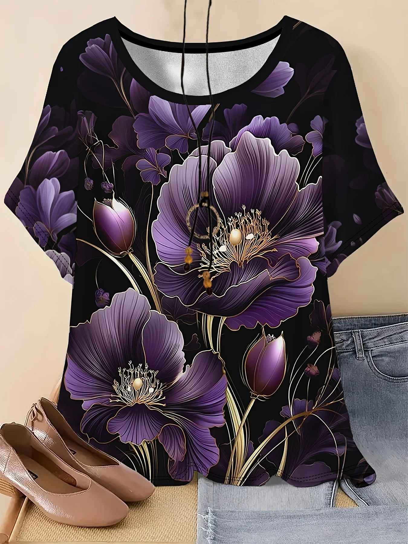 New Women T‑Shirt Purple Floral Gold Line Print Round Neck Short Sleeve Tee Casual Daily Fashion Tops Women's Clothes