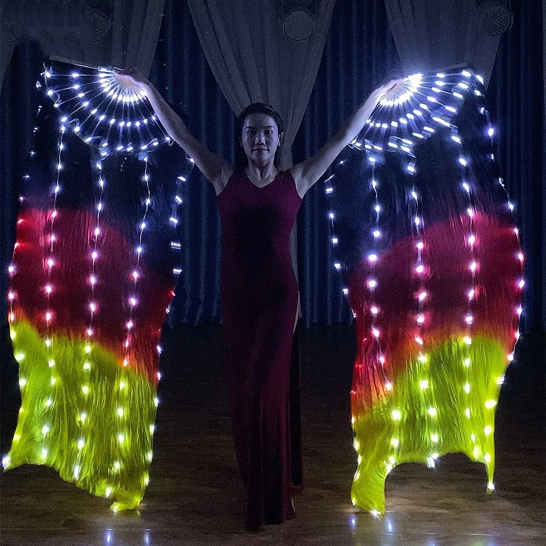 

1.8m 100% Silk Fan Veils Belly Dance Halloween Christmas Fans for Dancing Women Belly Dancing Led Fan Veils Show Party